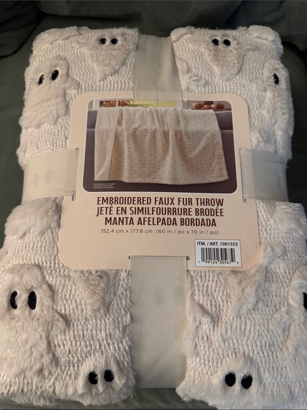 Embroidered Faux Fur Throw Blanket with Furry Ghosts